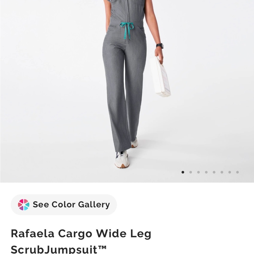 Figs Rafaela Cargo Wide Leg Scrub Jumpsuit in Graphite with Teal Drawstring